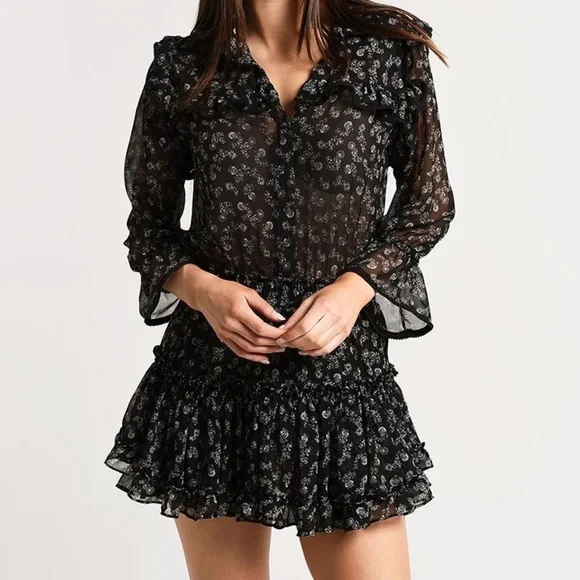 Misa Los Angeles Vittoria Black Floral Ruffle Mini Dress Medium NWOT Valentines - Picture 1 of 2